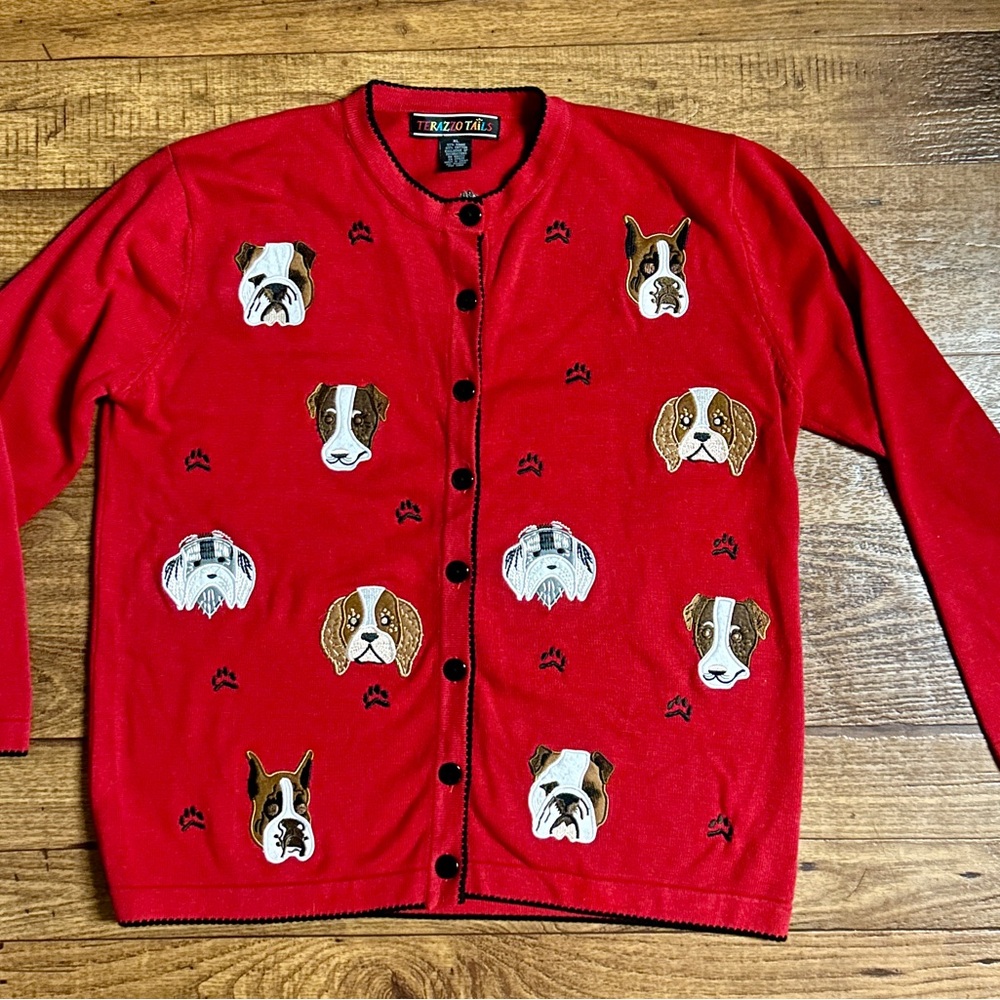 Terazzo Tails • X-Large • Red W/ Black & Brown Dog Embroidery Cardigan Sweater